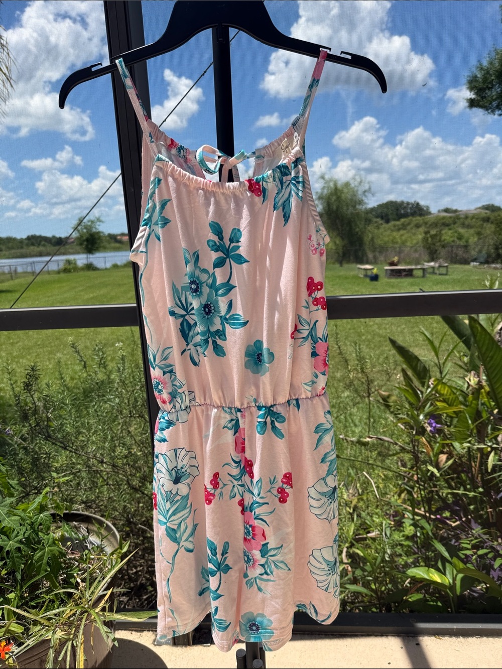 Spadehill Peach Floral Tie-Back Romper with Teal Accents